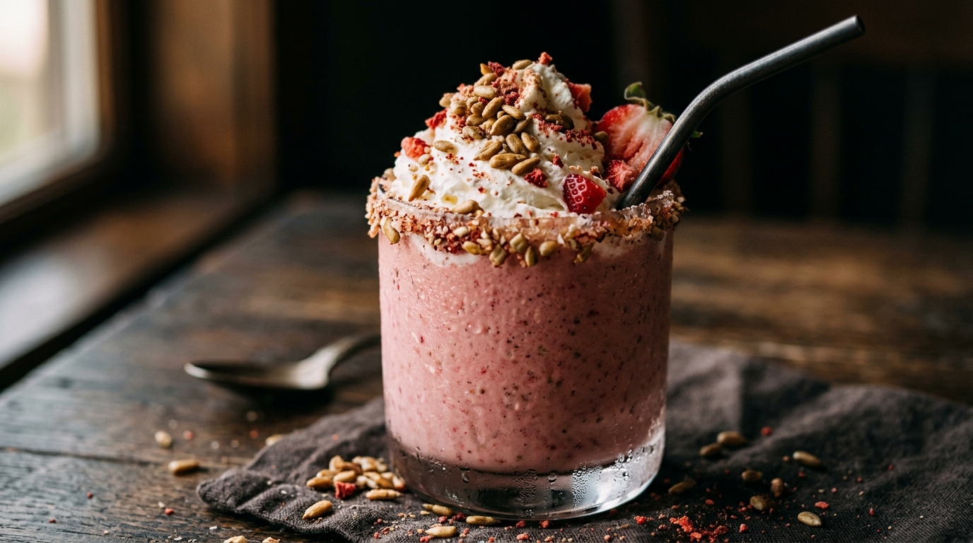 Close-up of sunflower seed strawberry milkshake