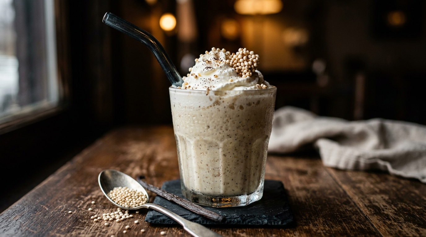 Close-up of quinoa vanilla bean milkshake