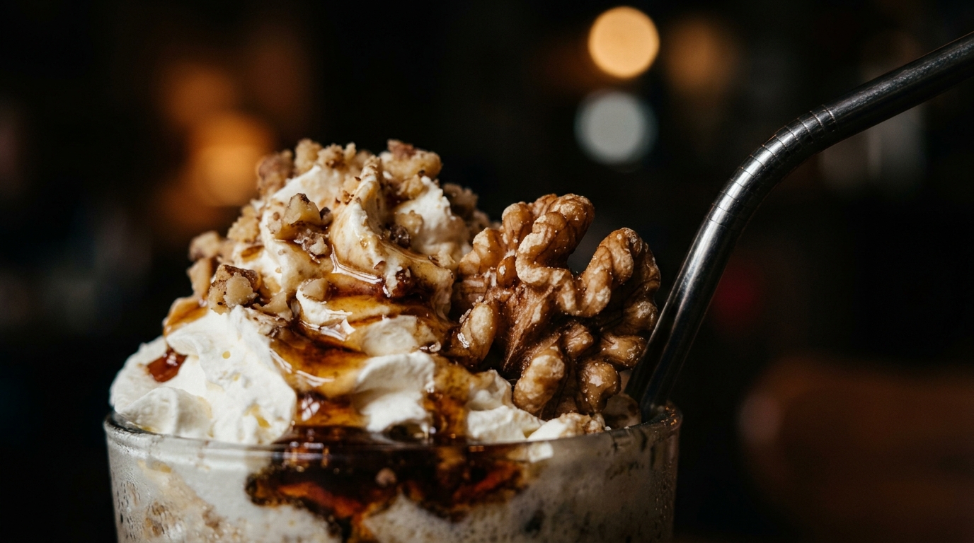 Close-up of walnut maple milkshake