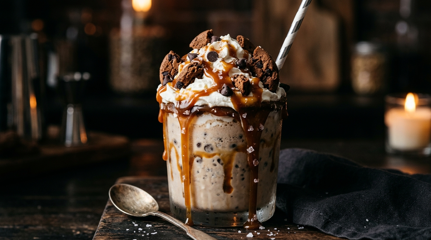Close-up of salted caramel chocolate chip milkshake
