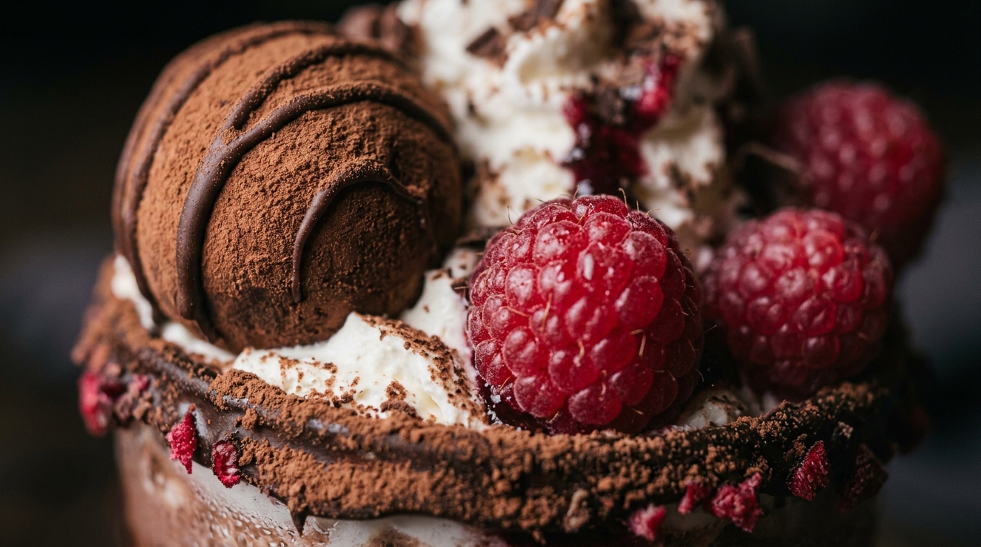 Close-up of dark chocolate raspberry truffle milkshake