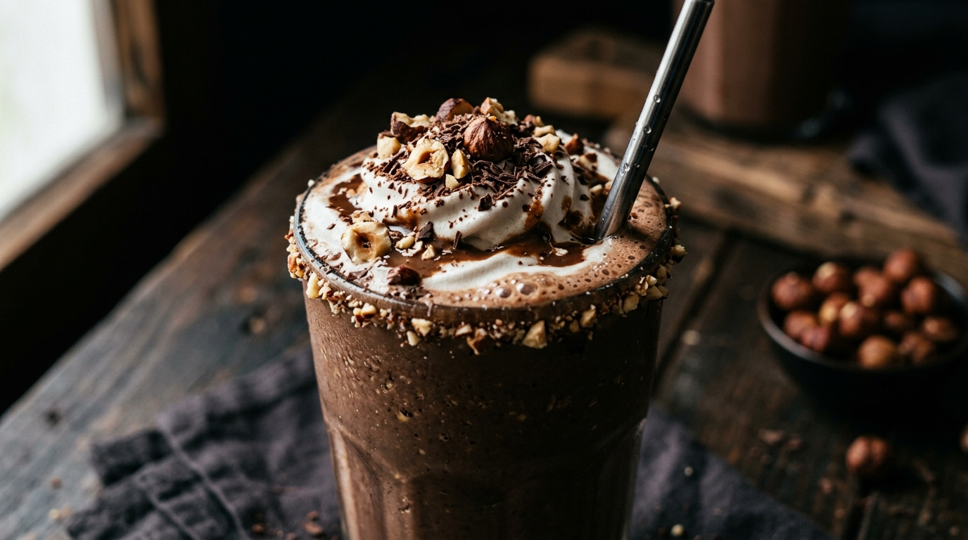 Close-up of vegan chocolate hazelnut milkshake