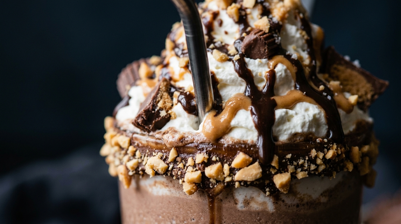 Close-up of peanut butter cup protein milkshake