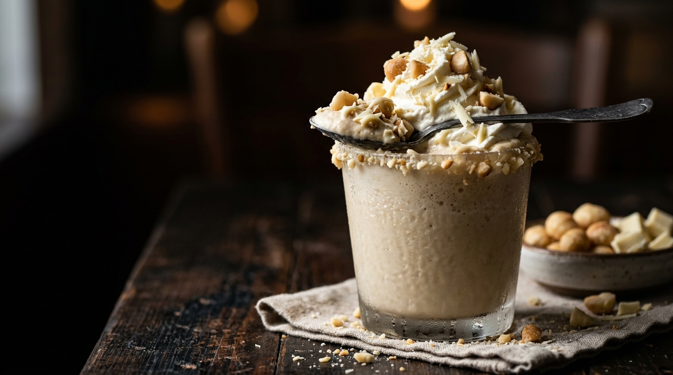 Close-up of white chocolate macadamia nut milkshake