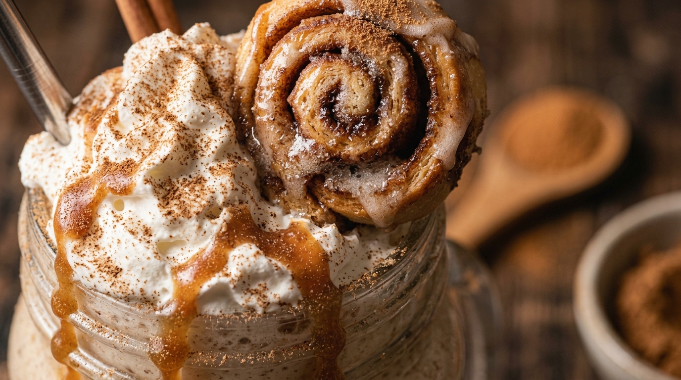 Close-up of cinnamon roll milkshake