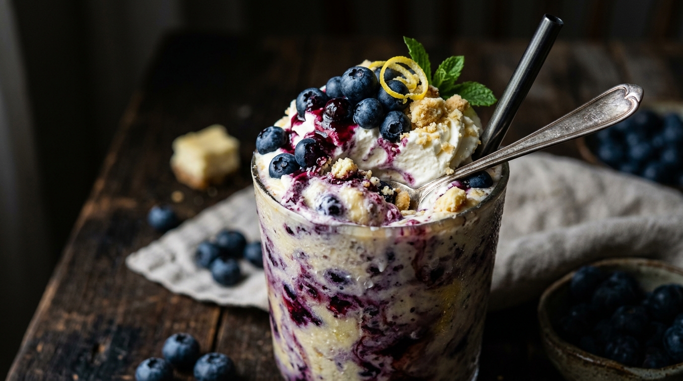 Close-up of lemon blueberry cheesecake milkshake
