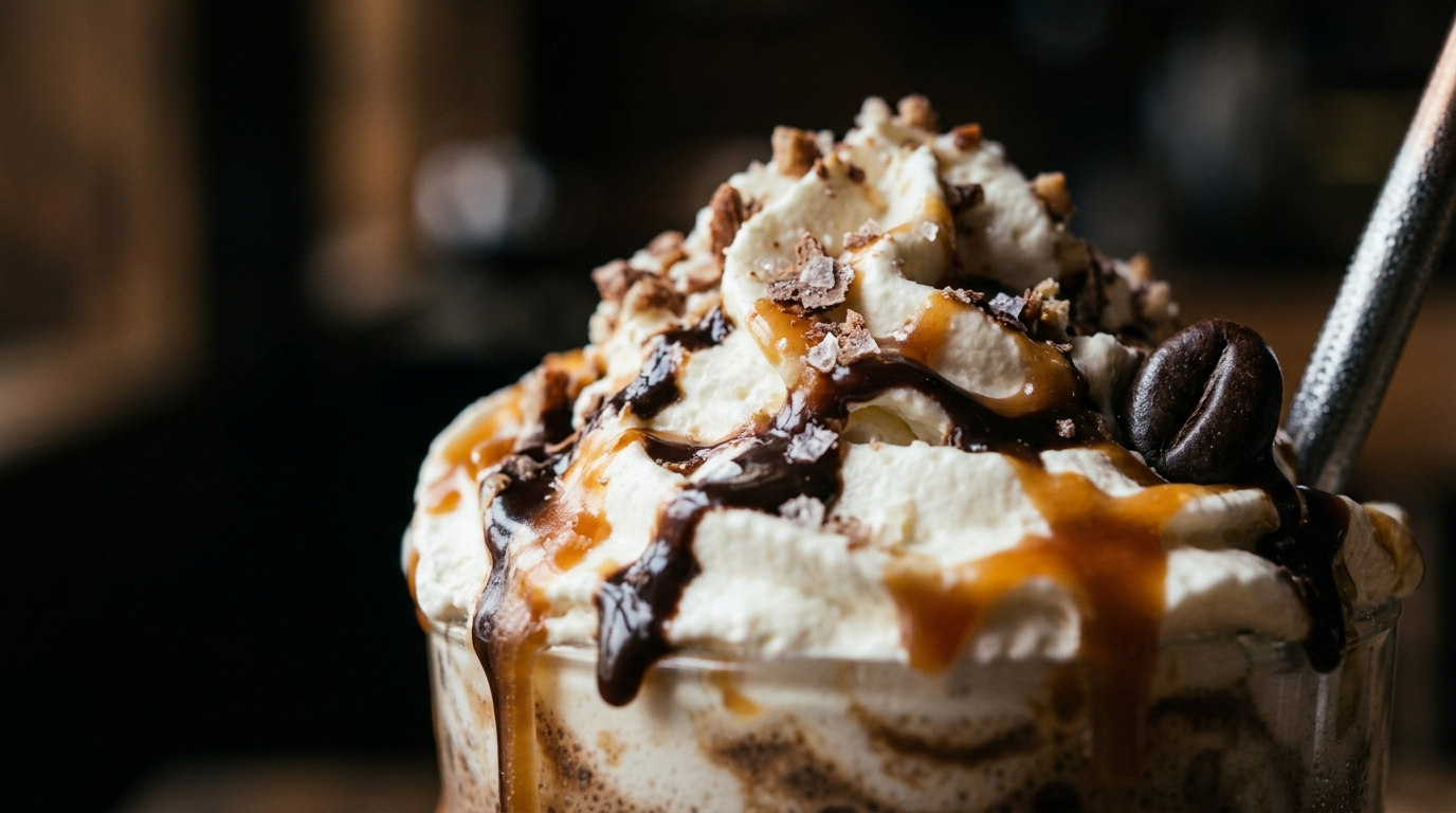 Close-up of salted caramel mocha milkshake