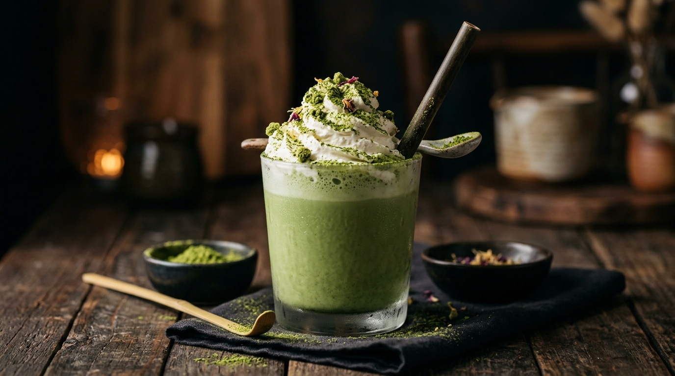 Close-up of matcha green tea milkshake