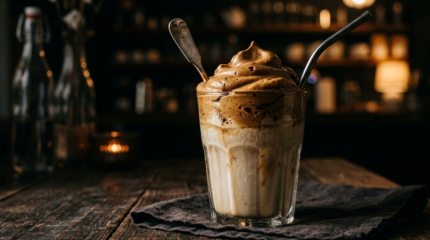 Close-up of dalgona coffee milkshake