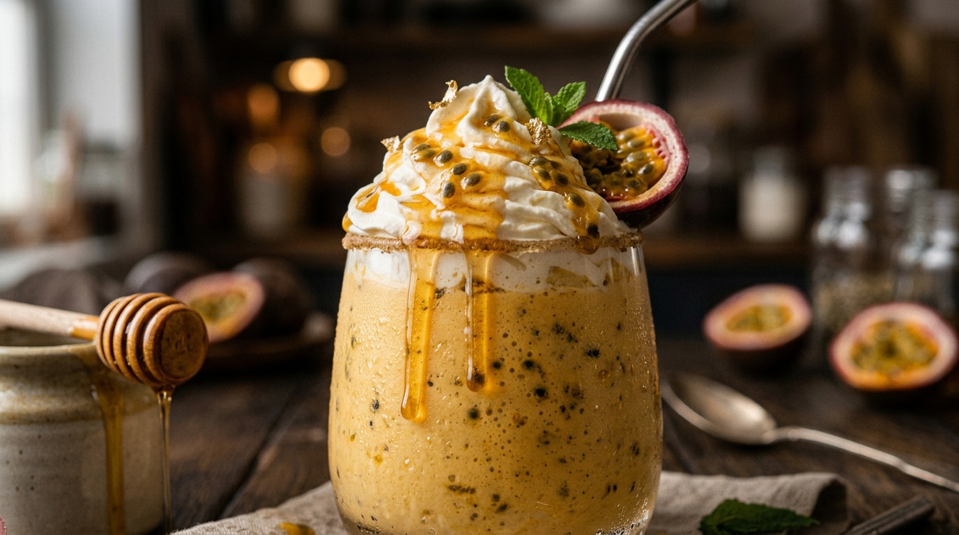 Close-up of passion fruit milkshake with honey drizzle