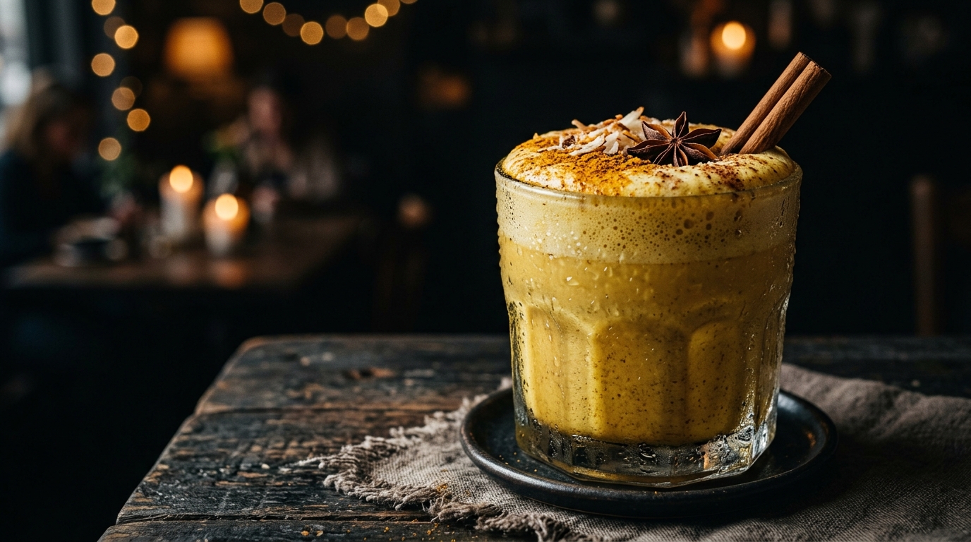 Close-up of turmeric golden milk milkshake
