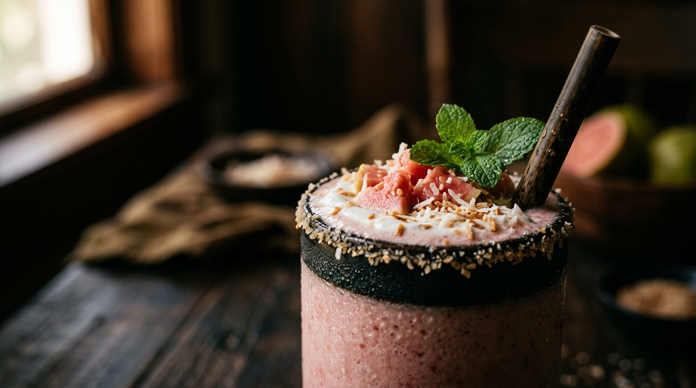 Close-up of guava and coconut vegan milkshake