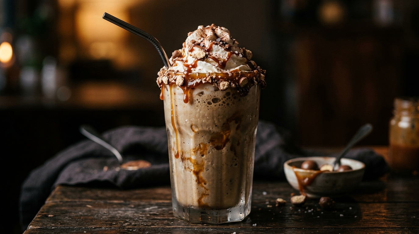 Close-up of malted coffee caramel milkshake