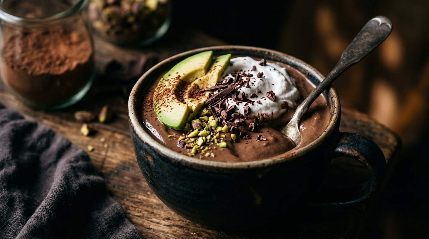 Close-up of vegan chocolate avocado milkshake