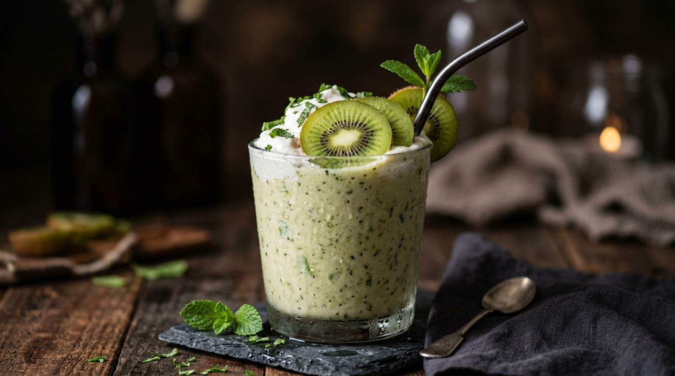 Close-up of kiwi and mint vegan milkshake