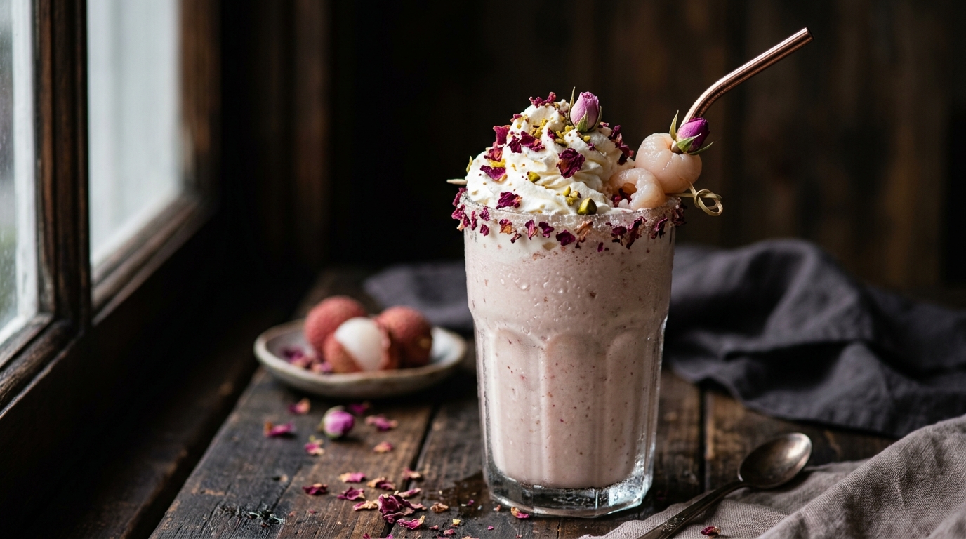 Close-up of lychee rosewater creamy milkshake