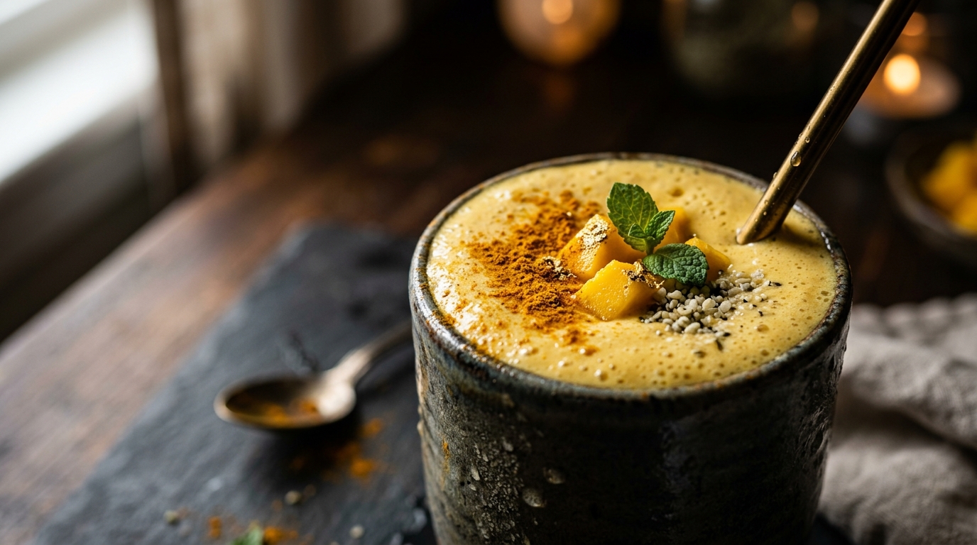 Close-up of mango and turmeric healthy milkshake