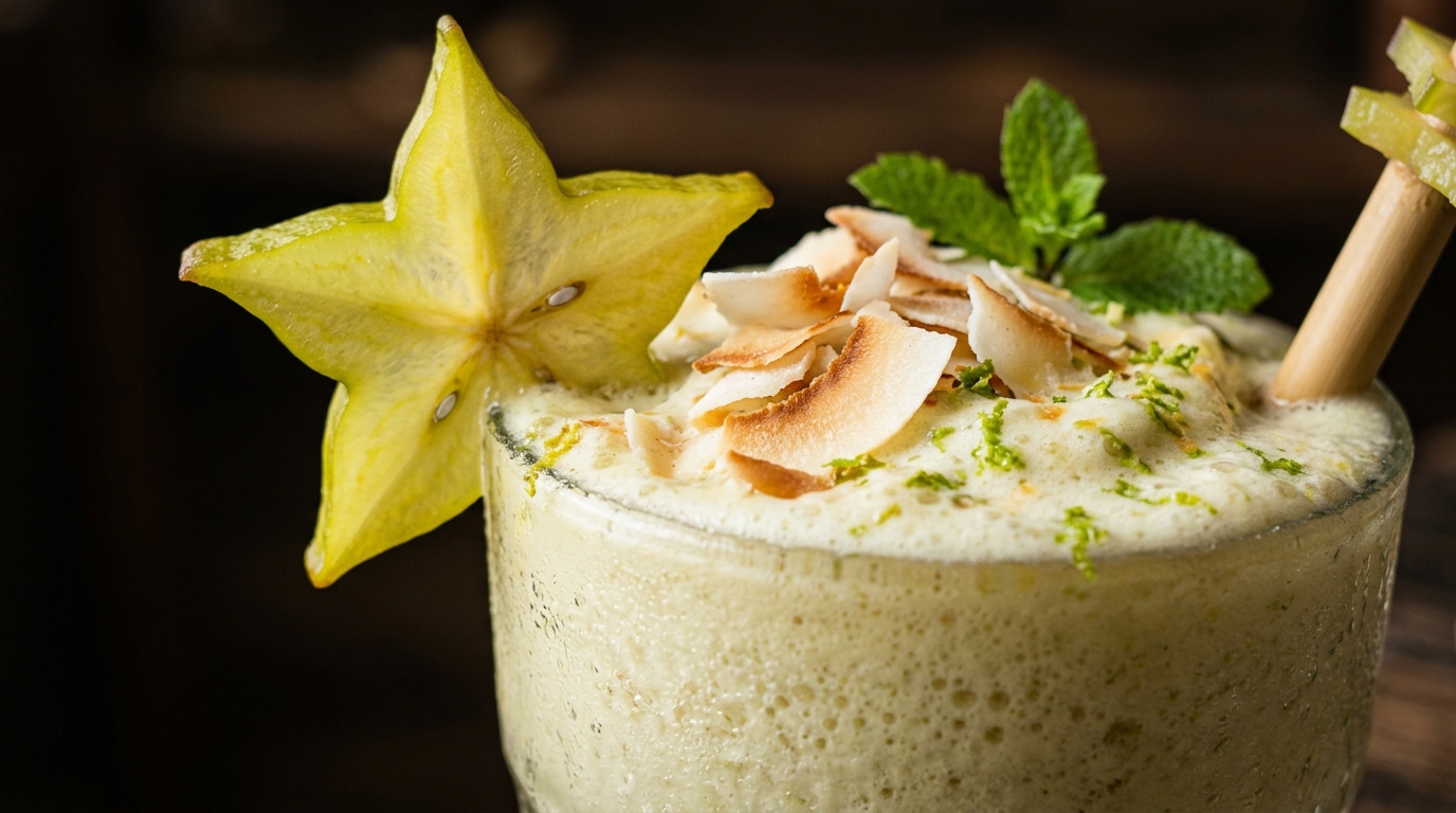 Close-up of starfruit and coconut creamy milkshake