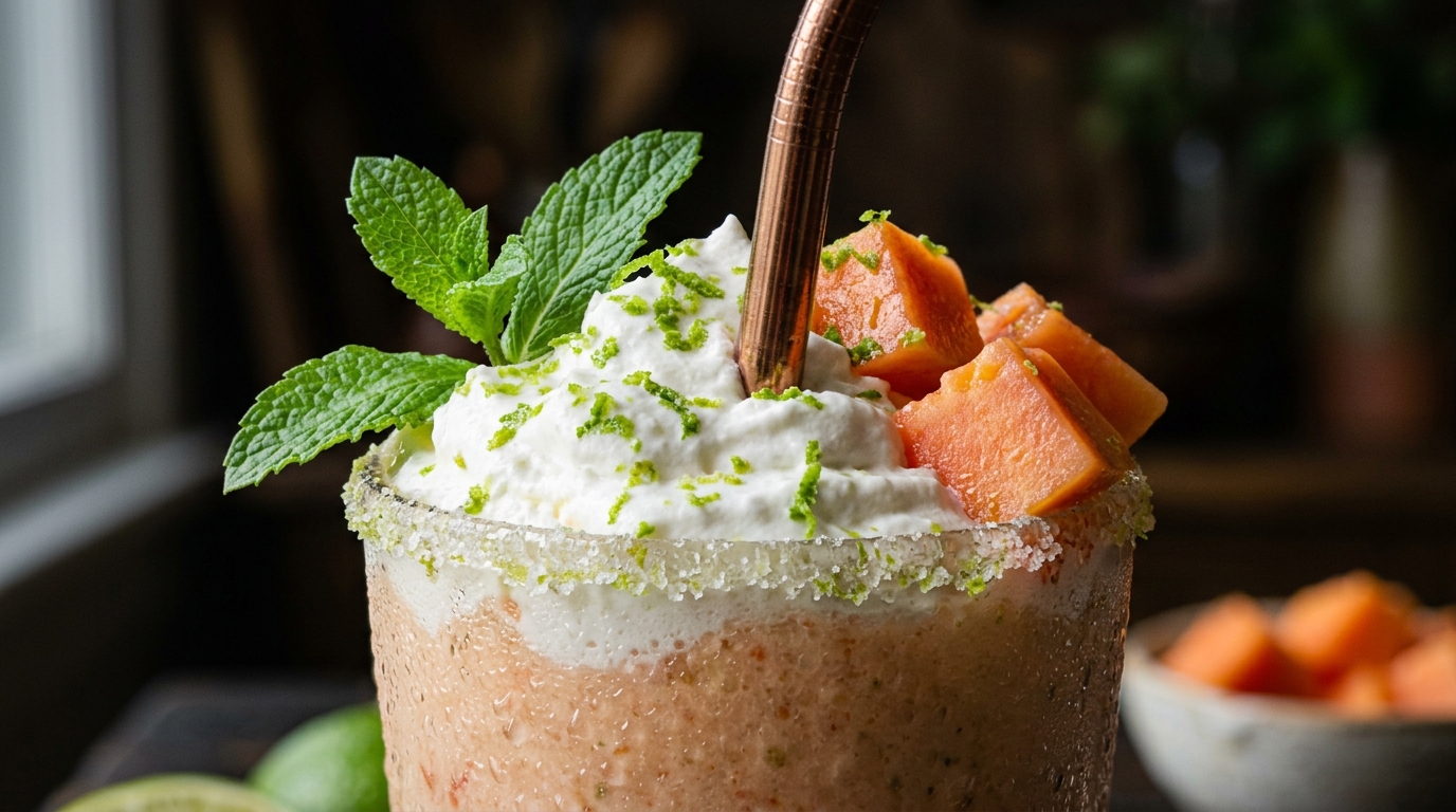 Close-up of papaya and lime refreshing milkshake