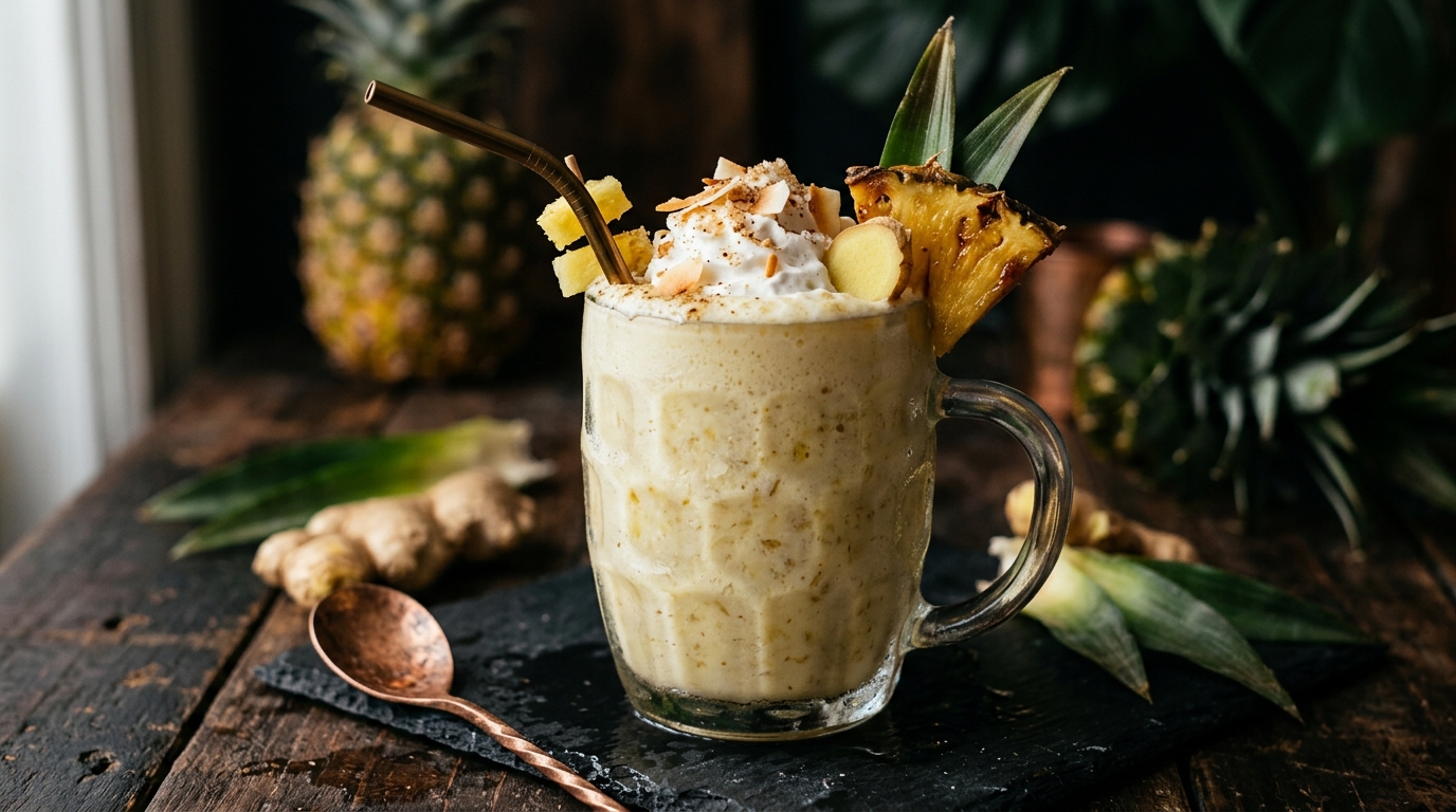Close-up of pineapple and ginger tropical milkshake