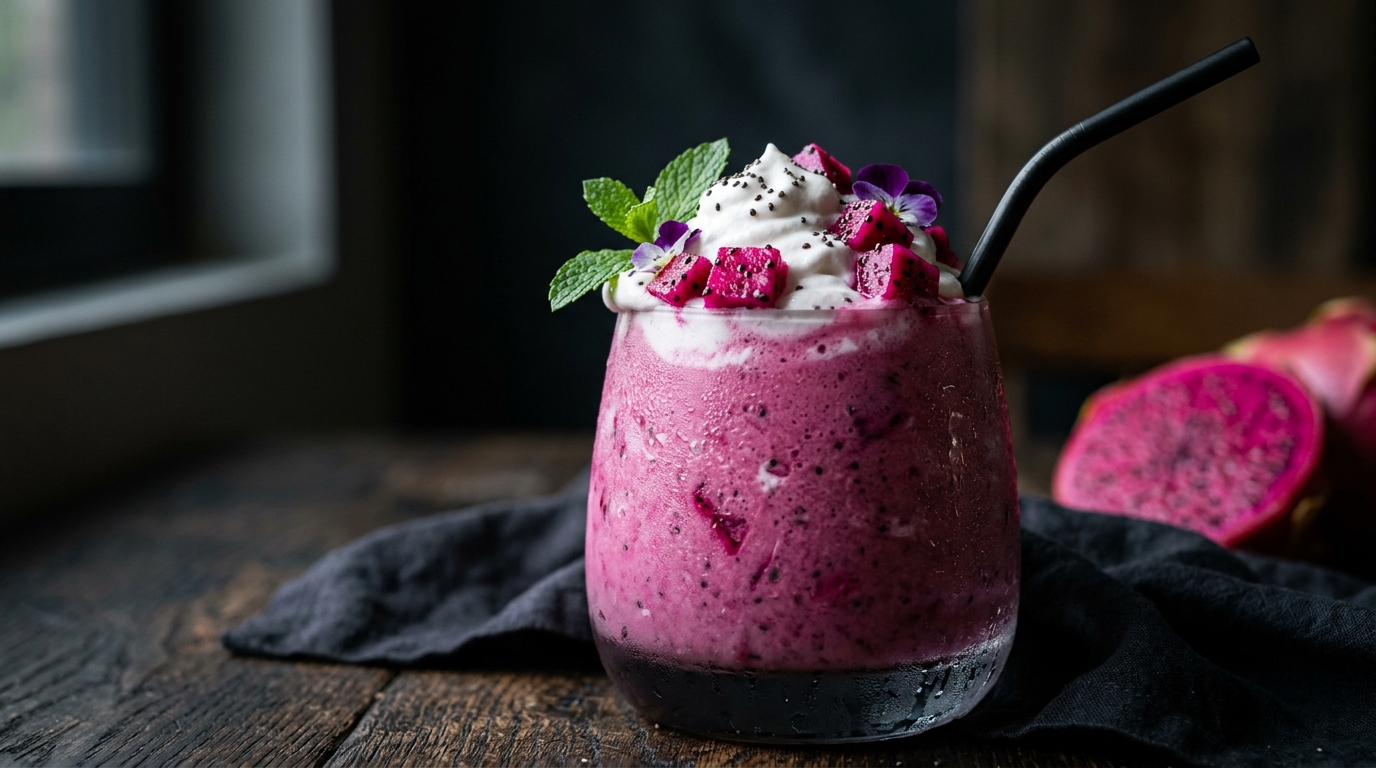 Close-up of dragon fruit protein milkshake