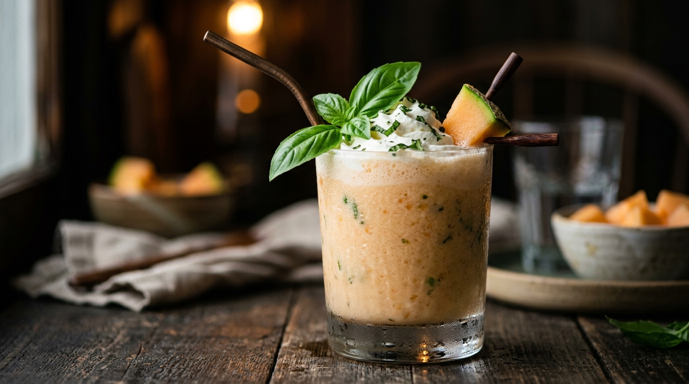 Close-up of cantaloupe and basil refreshing milkshake