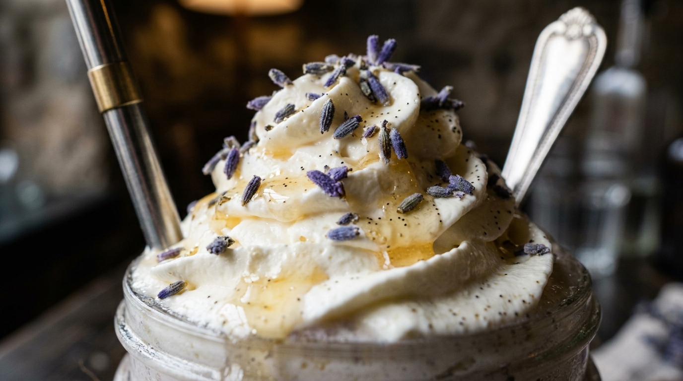 Close-up of honey lavender vanilla milkshake