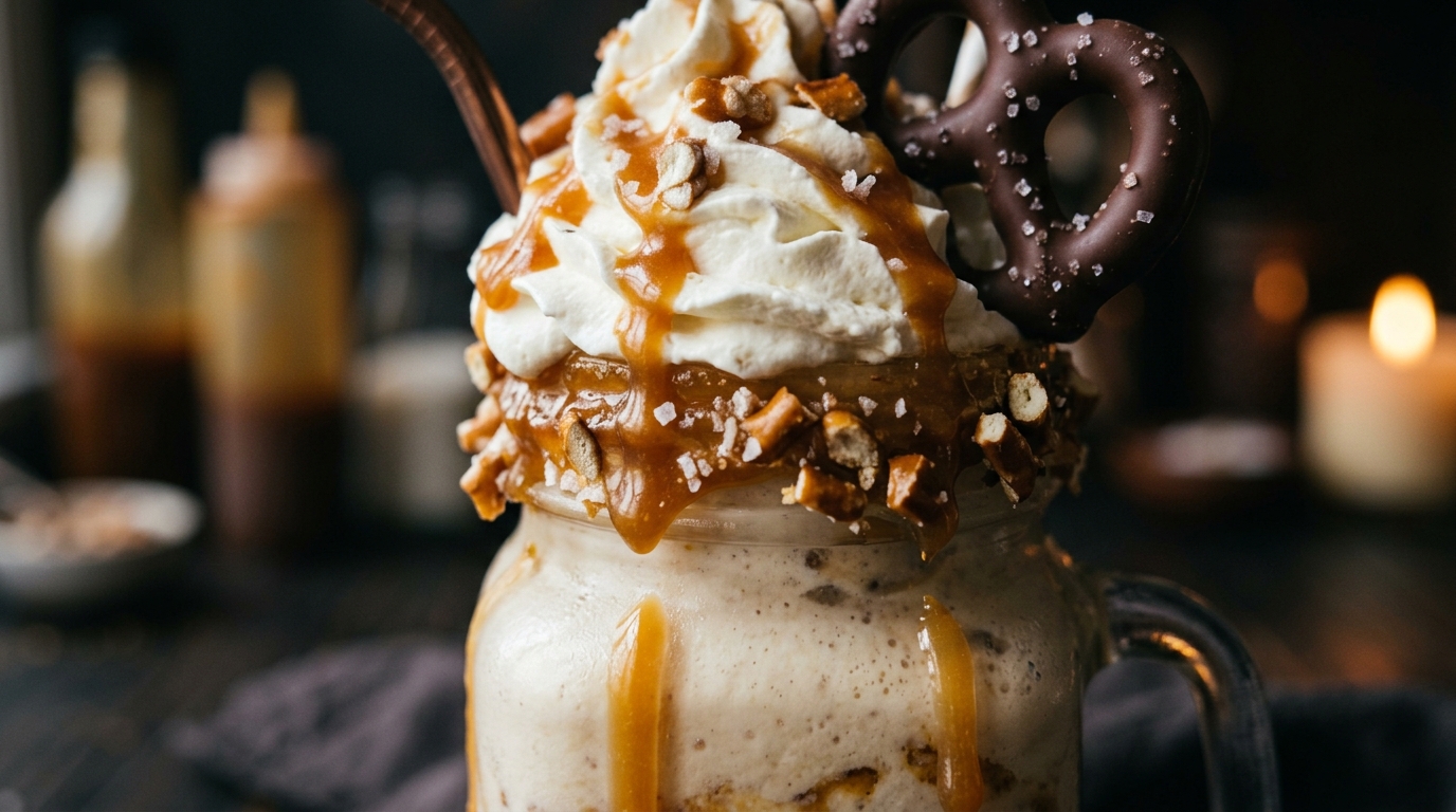 Close-up of salted caramel pretzel milkshake recipe