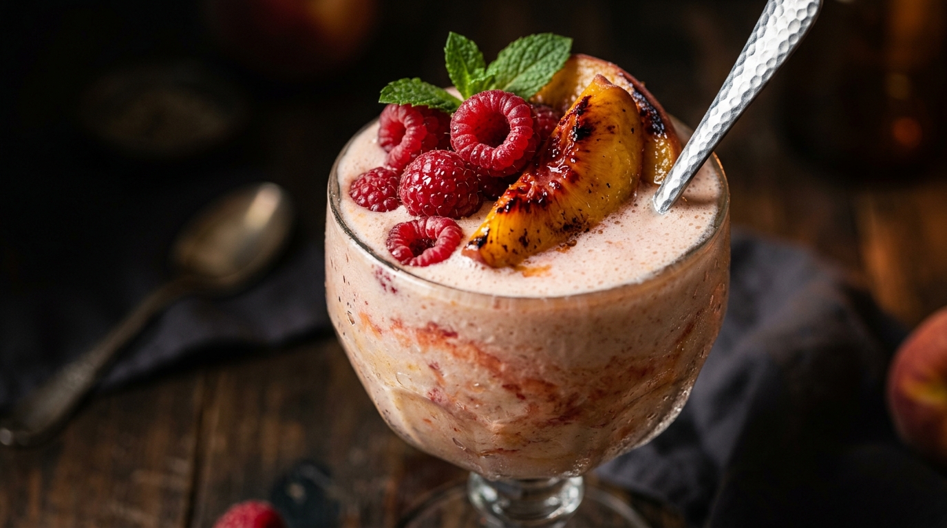 Close-up of creamy peach raspberry milkshake