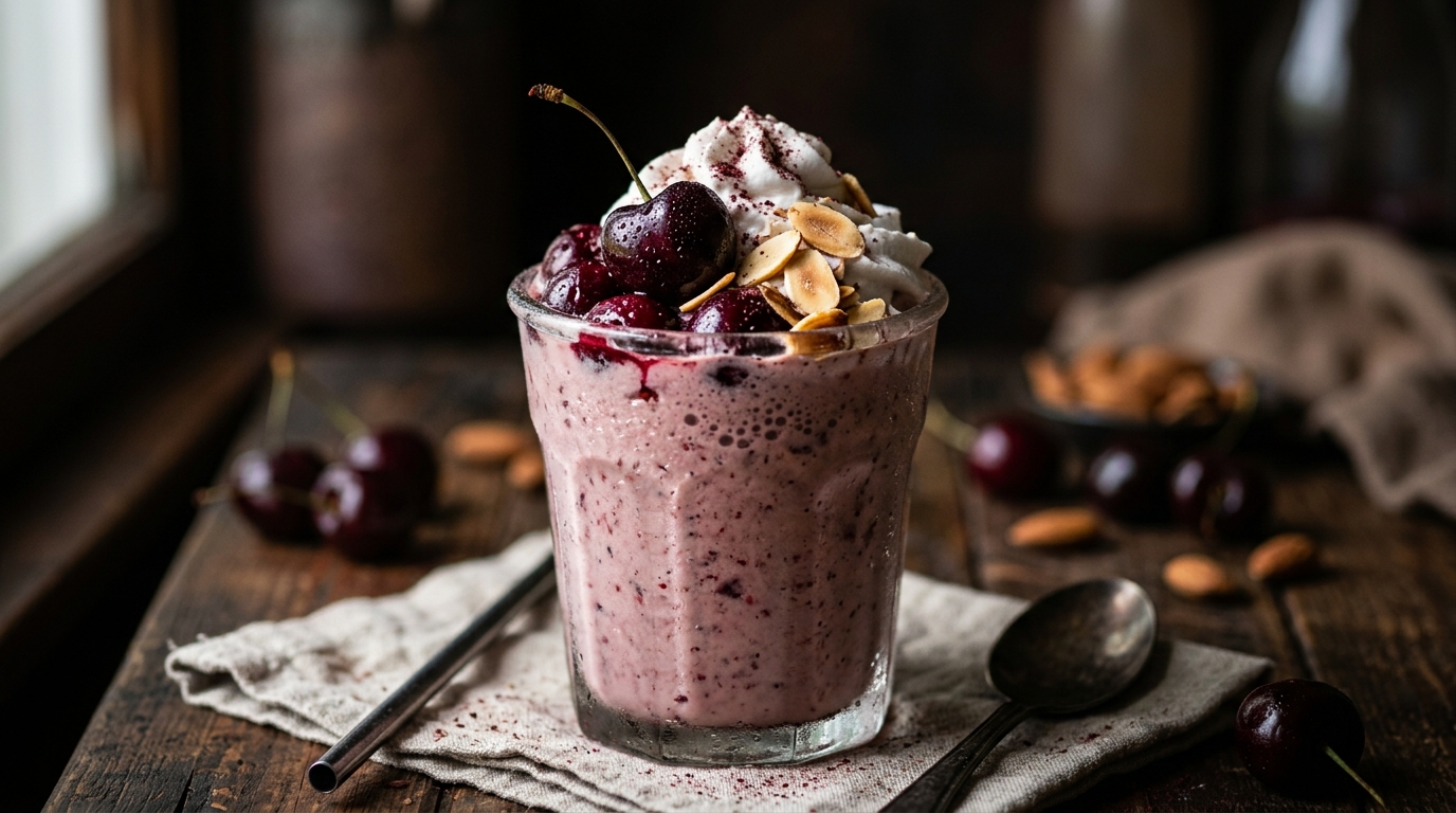 Close-up of vegan cherry almond milkshake