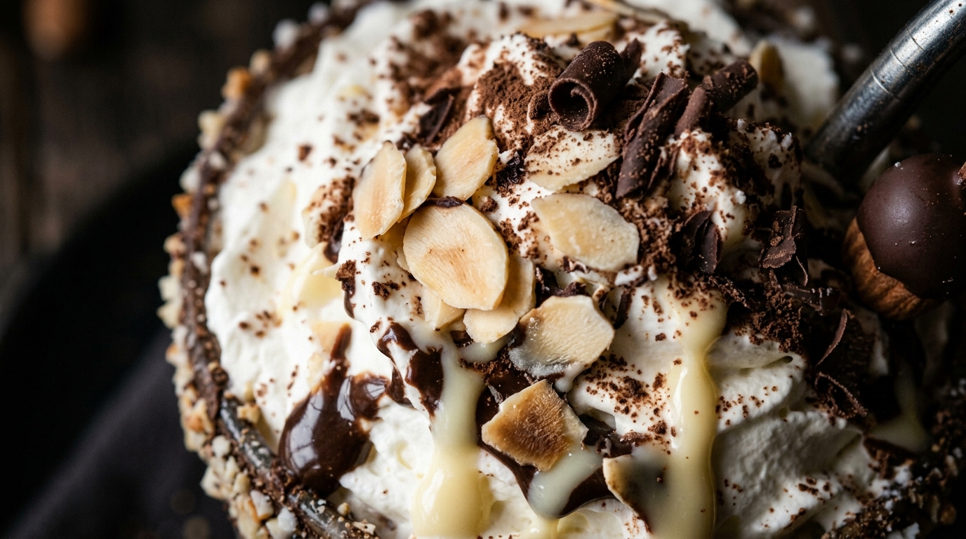 Close-up of decadent white chocolate almond milkshake