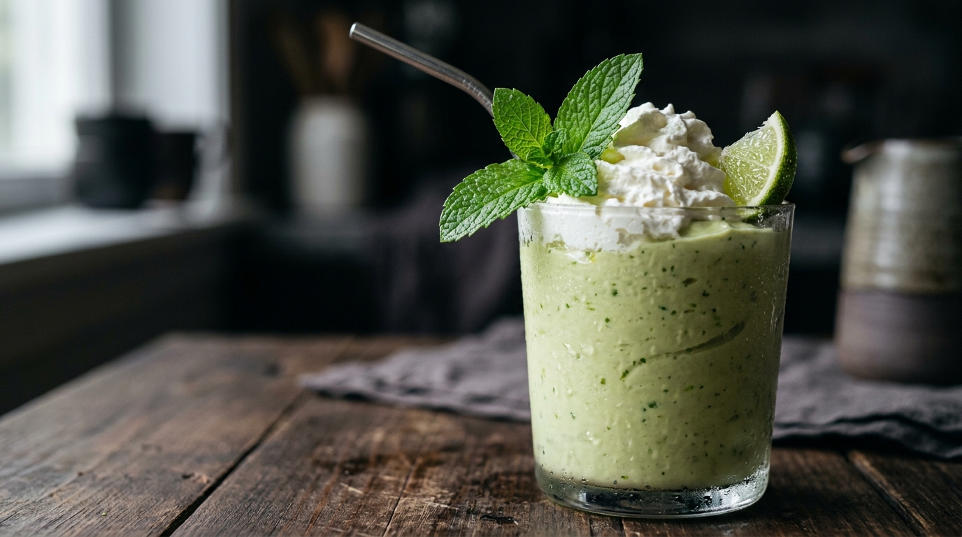 Close-up of creamy avocado lime milkshake with a hint of mint