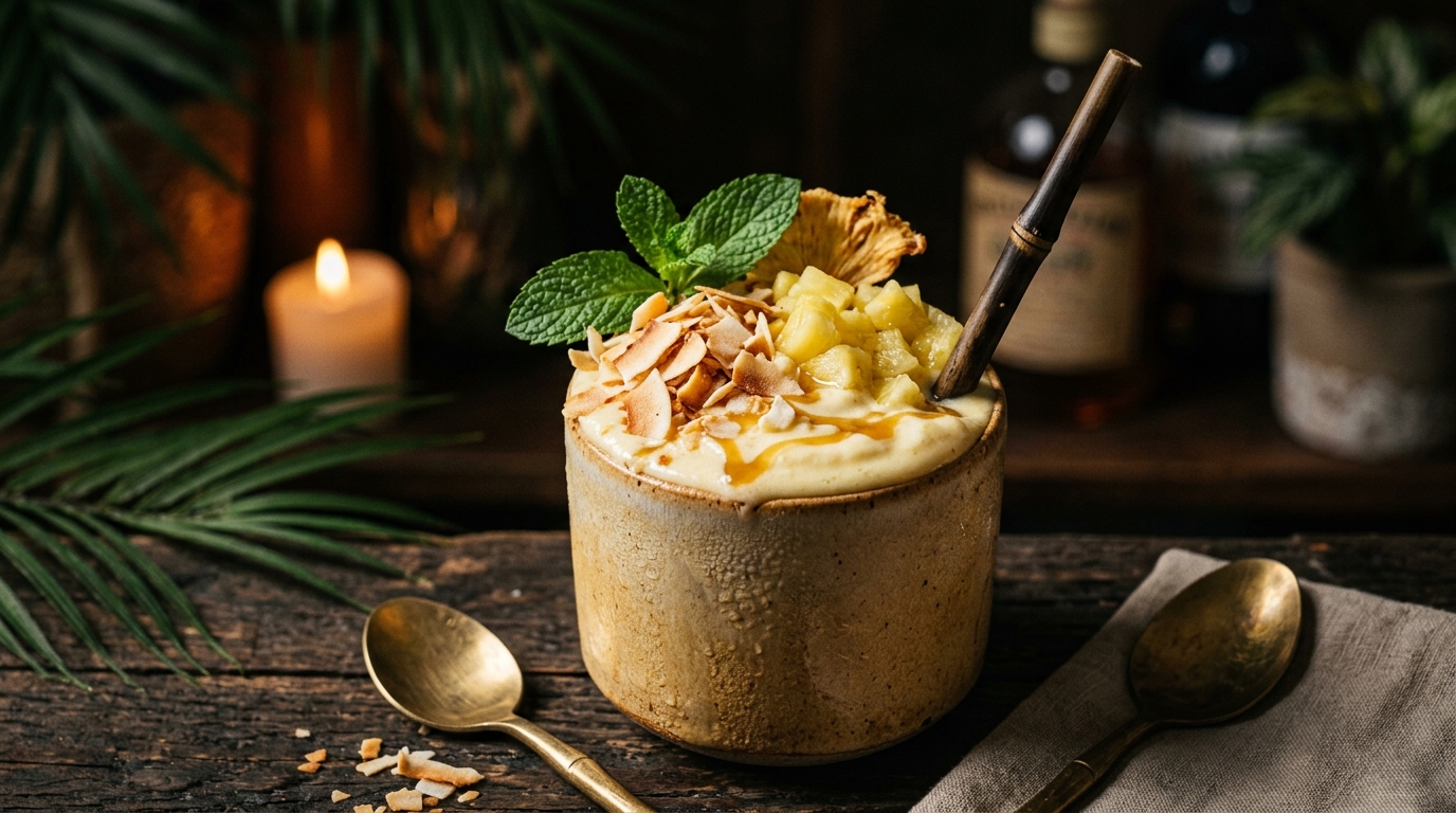 Close-up of exotic coconut and pineapple milkshake