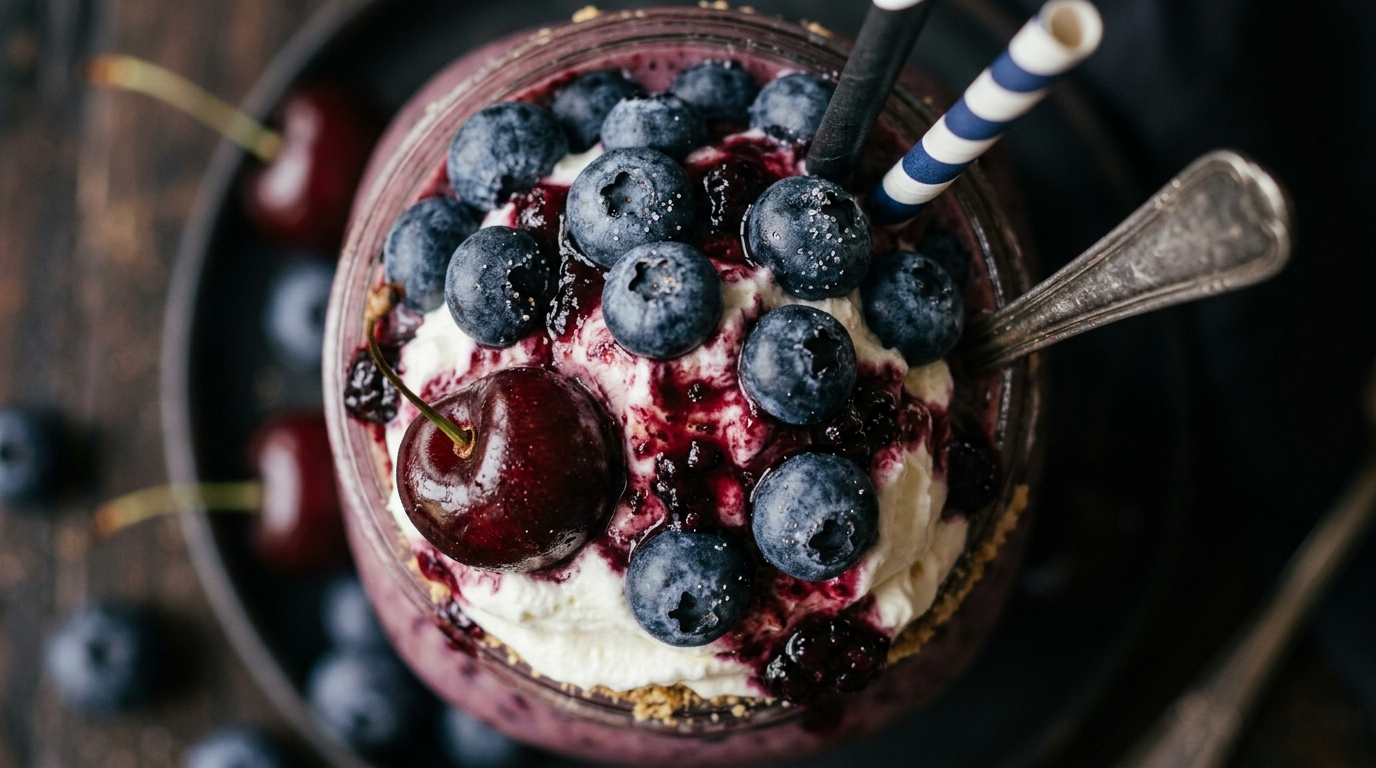 Close-up of luscious blueberry and cherry milkshake
