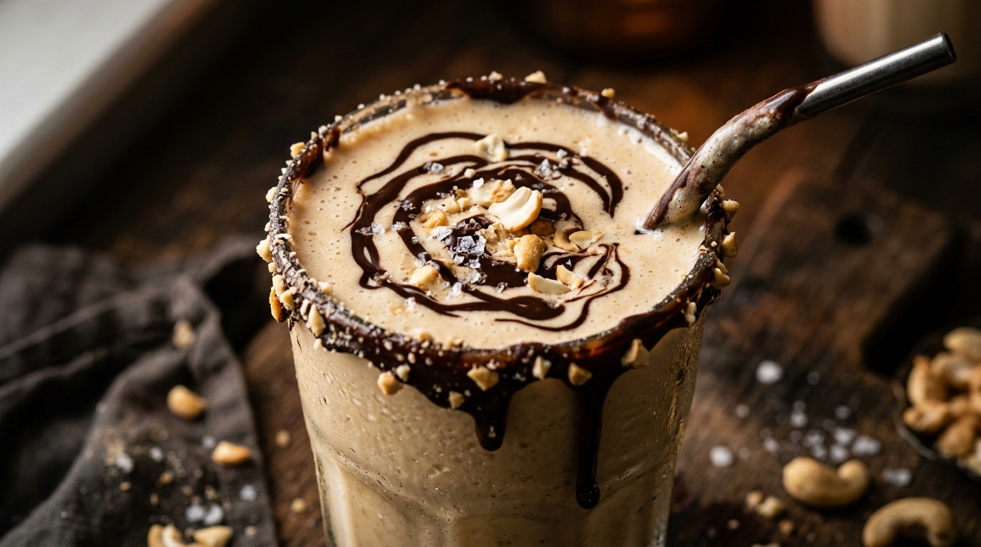 Close-up of salted cashew butter milkshake with dark chocolate drizzle