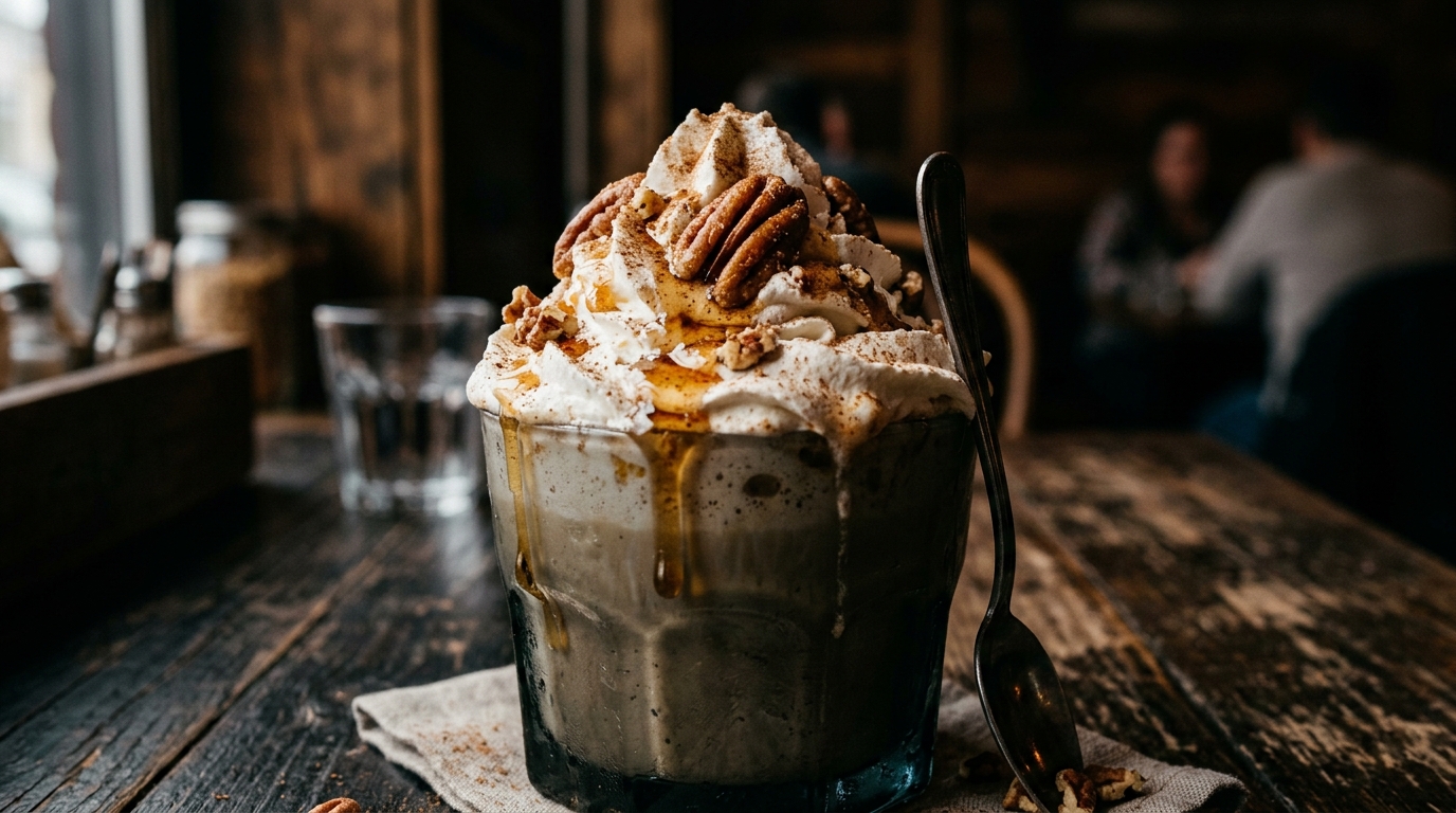 Close-up of toasted pecan and maple milkshake with cinnamon whipped cream