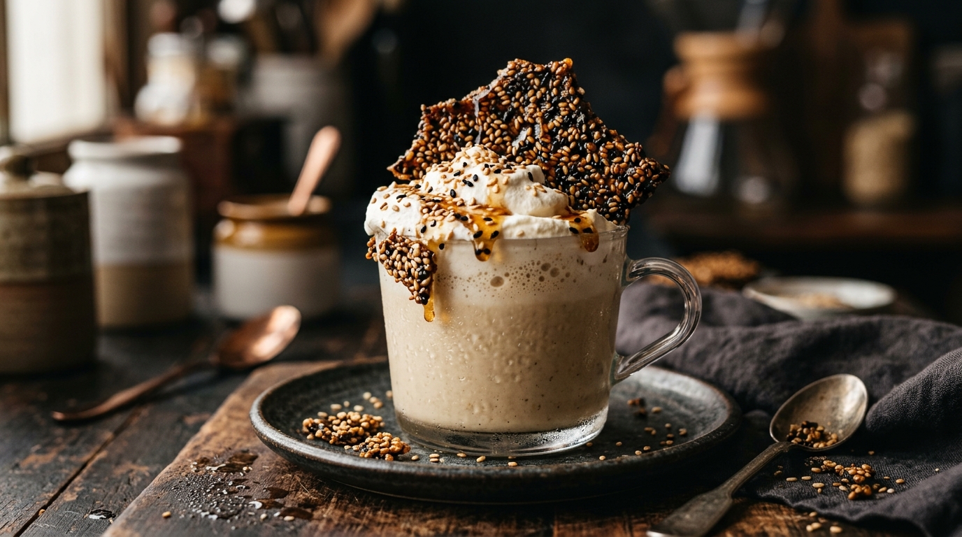 Close-up of tahini and honey milkshake with sesame brittle