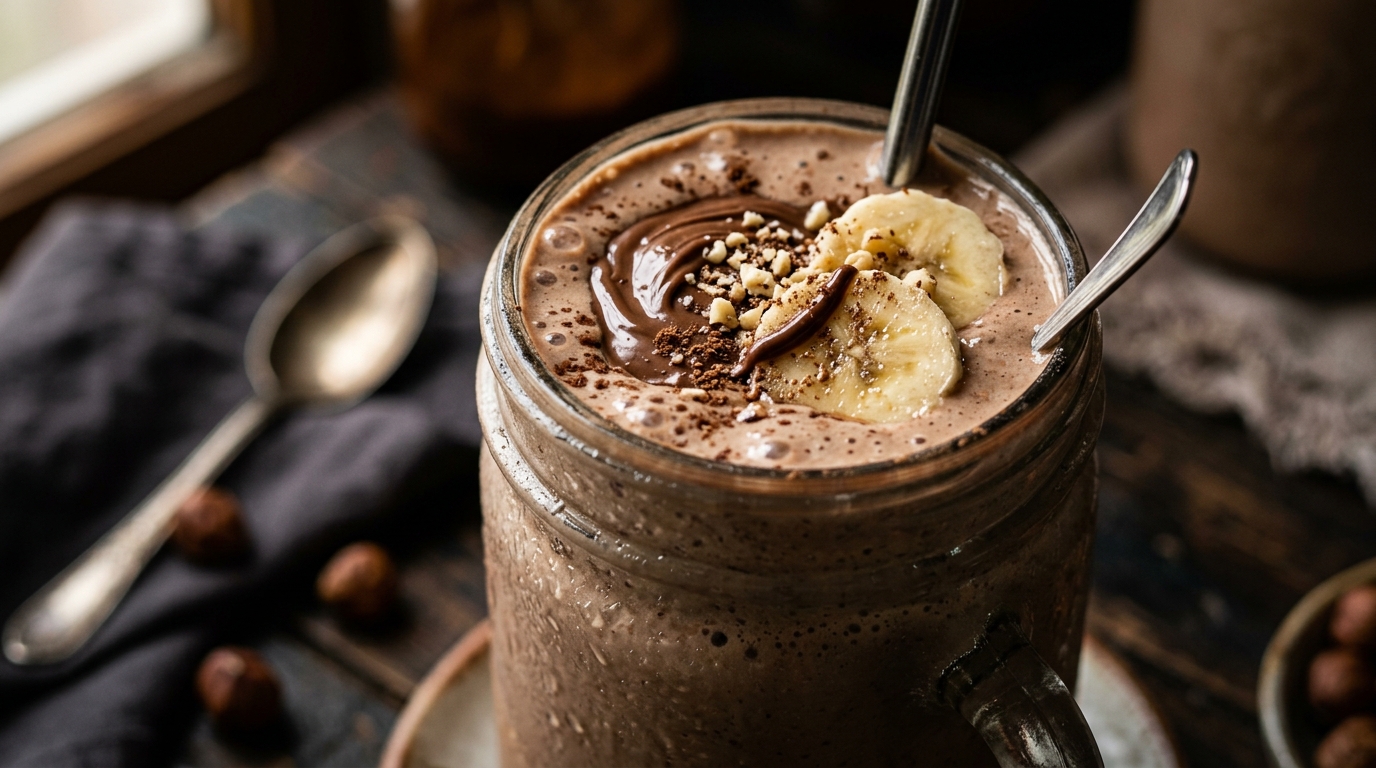 Close-up of nutella and banana protein milkshake