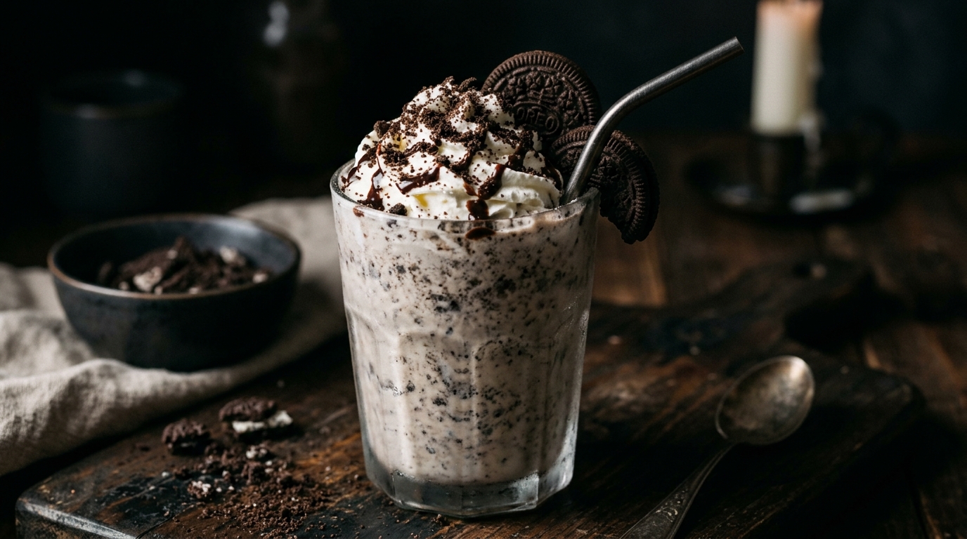 Close-up of easy oreo milkshake with vanilla ice cream