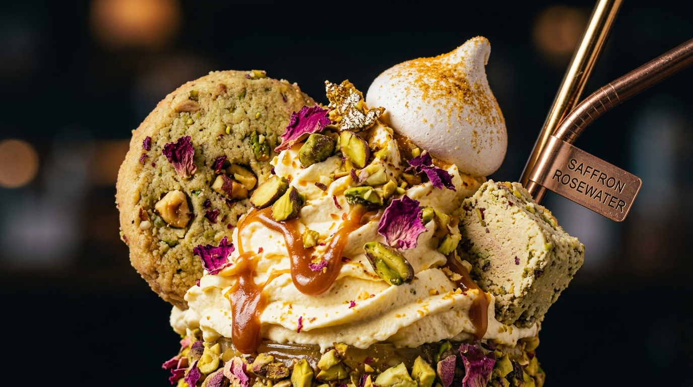 Close-up of saffron rosewater pistachio freakshake