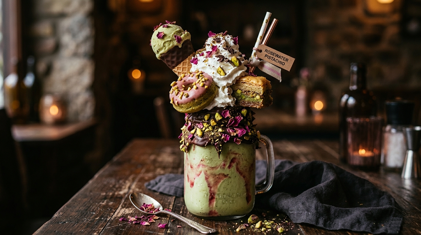Close-up of rosewater pistachio freakshake
