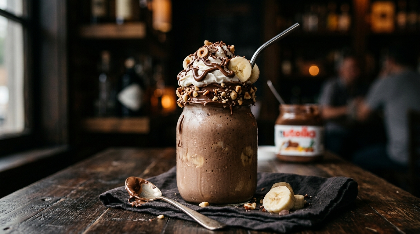 Close-up of decadent nutella and banana milkshake