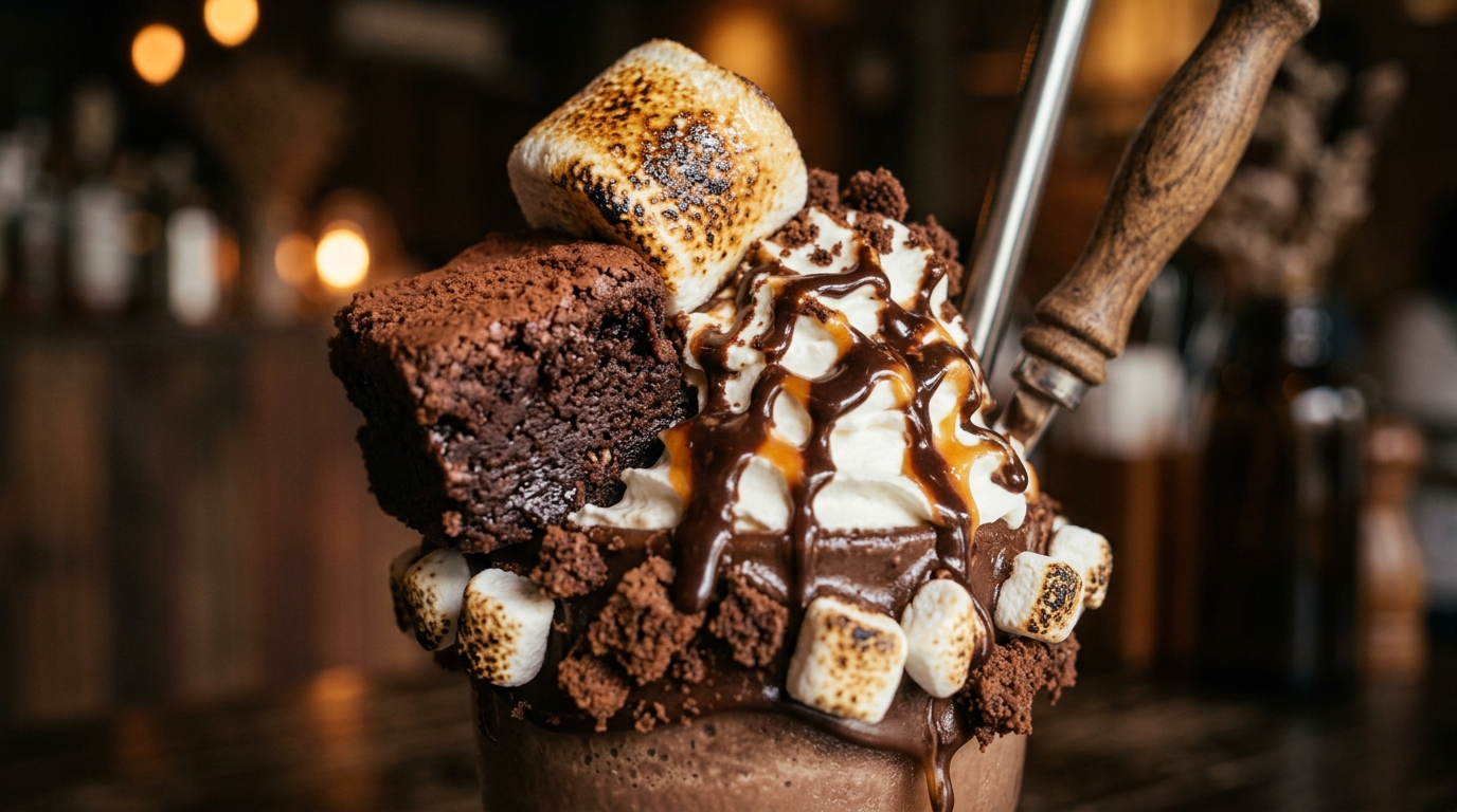 Close-up of indulgent brownie and marshmallow milkshake