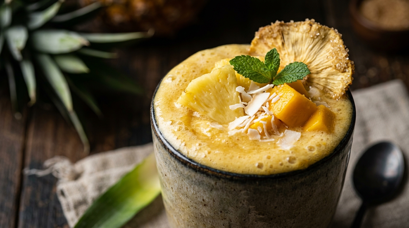 Close-up of tropical pineapple and mango milkshake