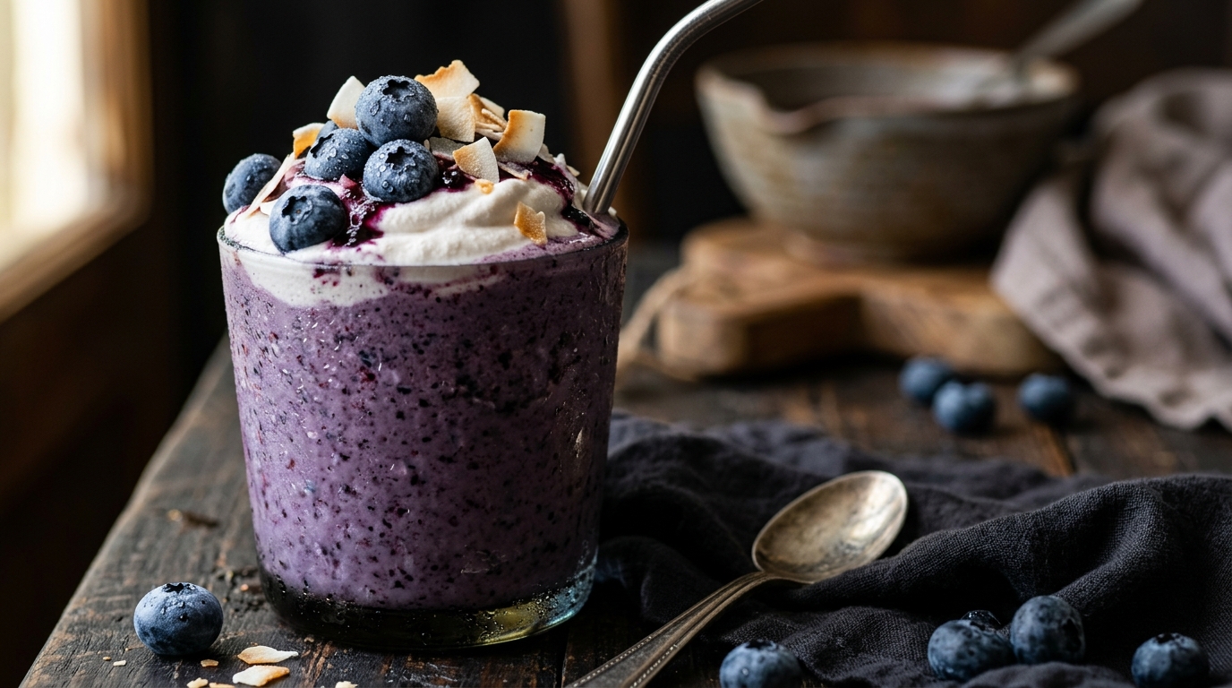 Close-up of vegan blueberry and coconut milkshake