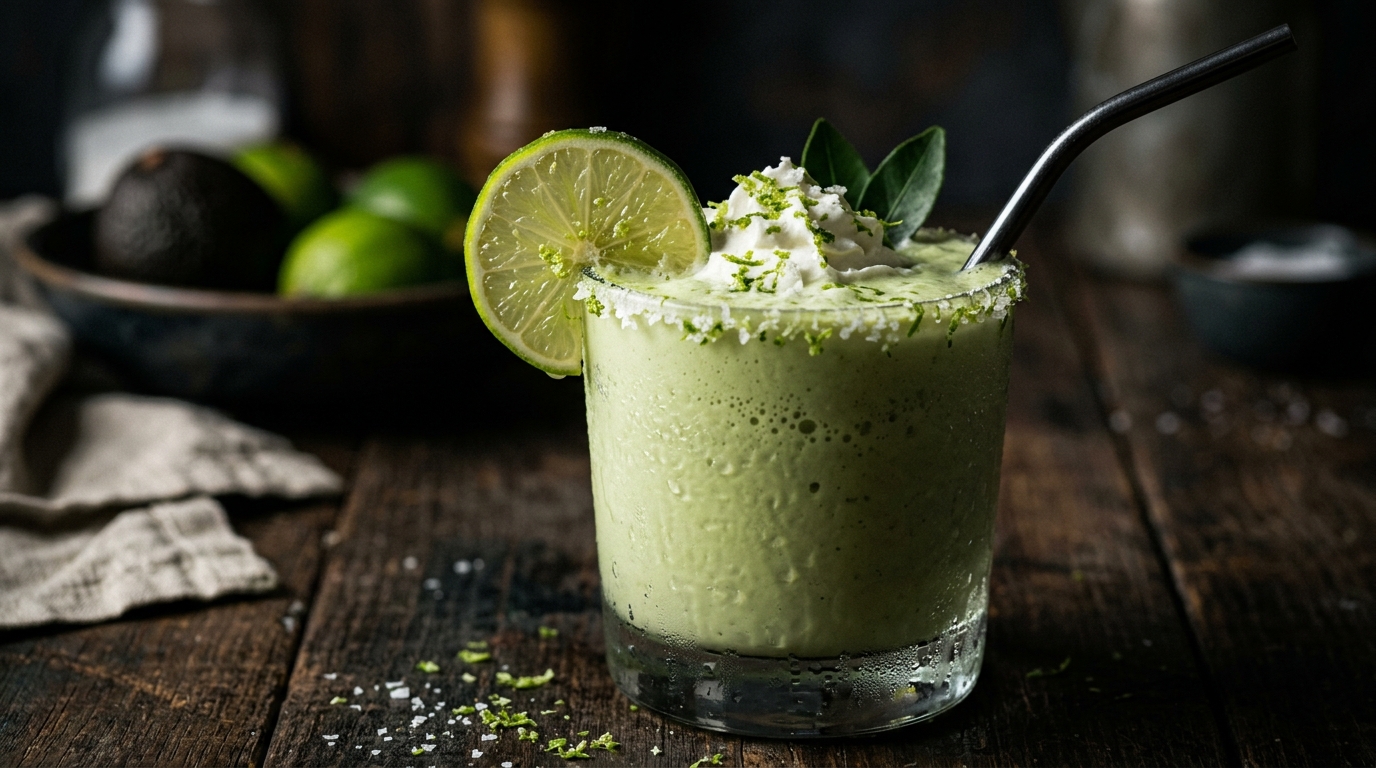 Close-up of creamy avocado and lime milkshake