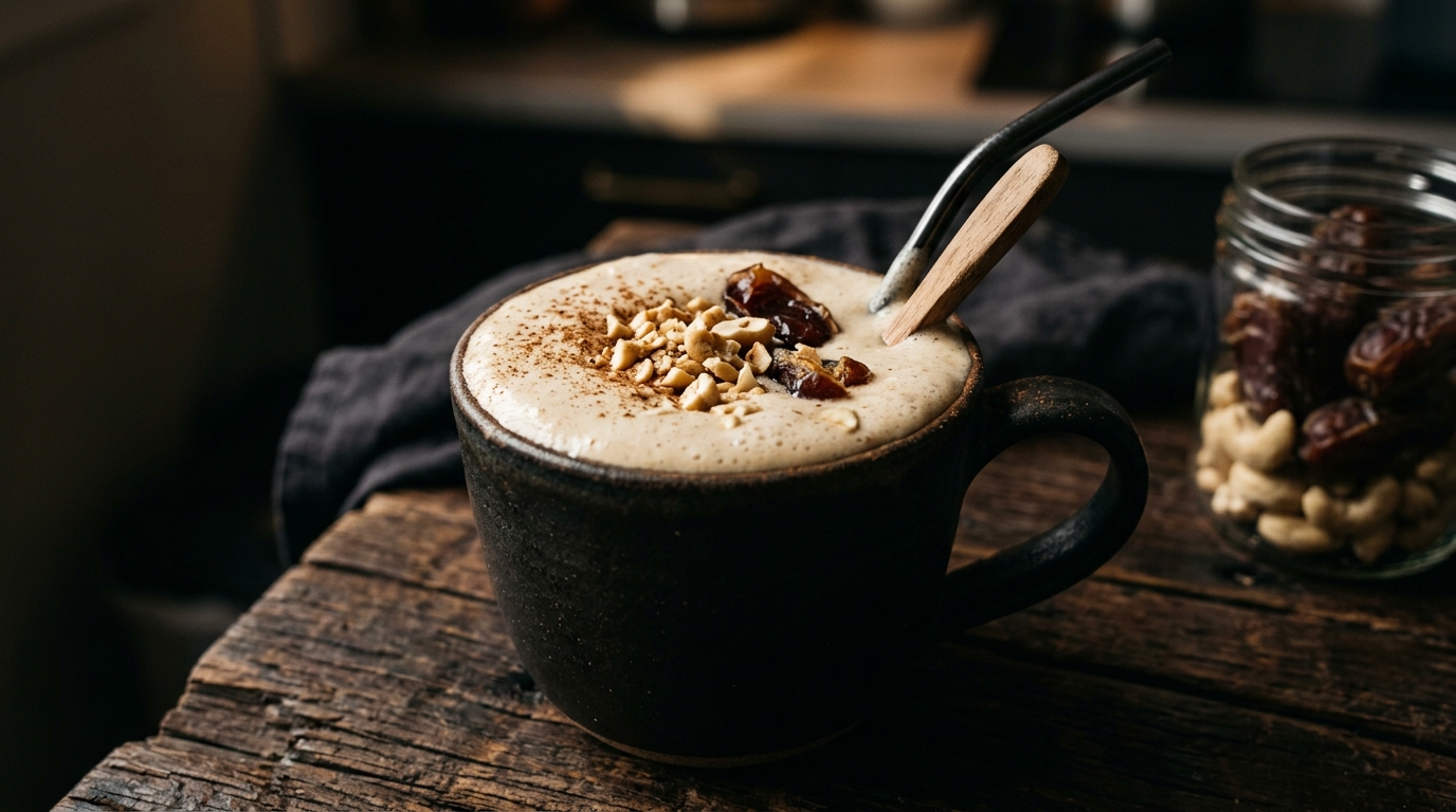 Close-up of protein-packed cashew and date milkshake