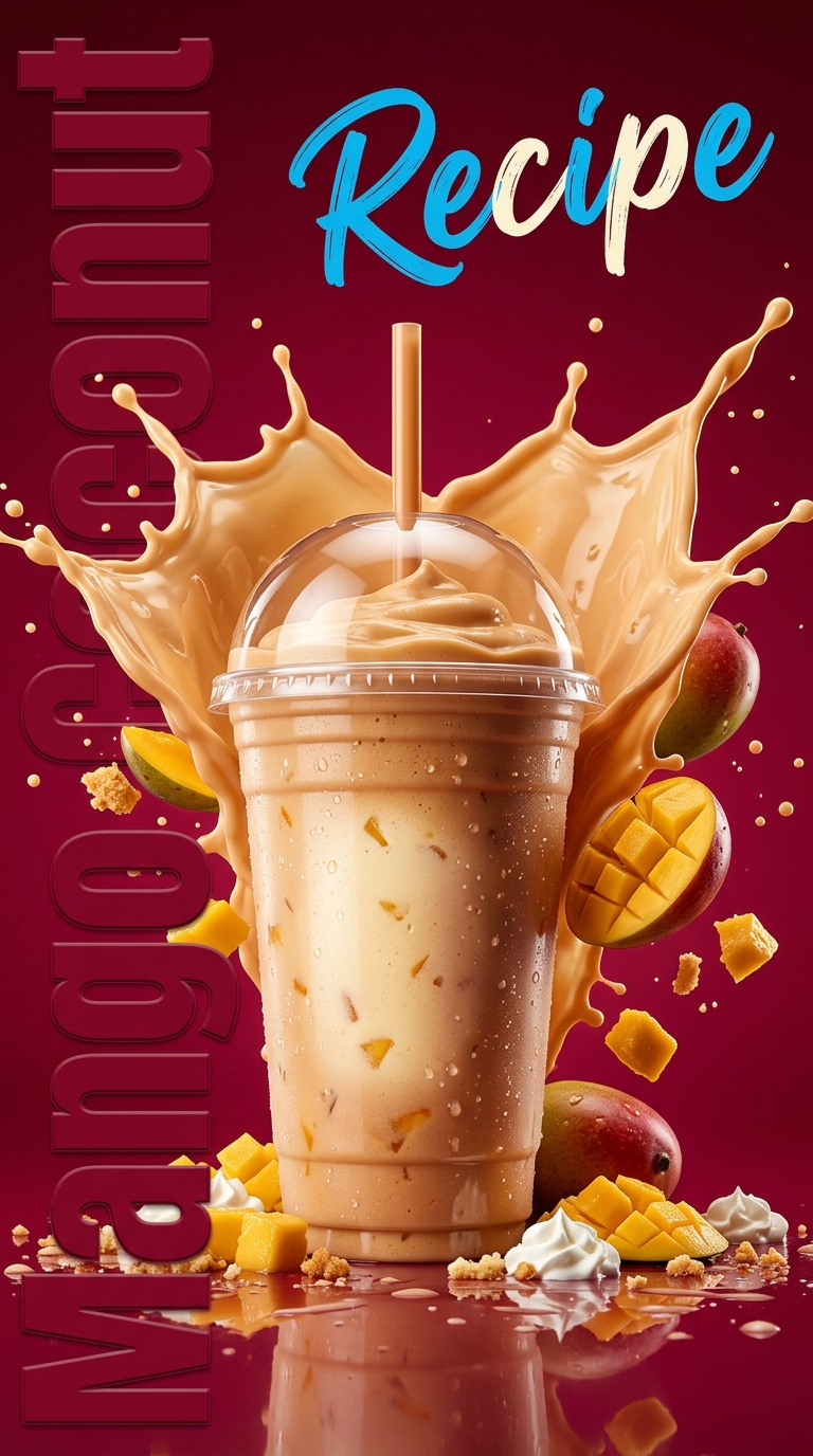 Creamy mango coconut milkshake topped with whipped cream and toasted coconut