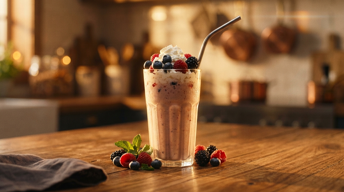 Finished mixed berry milkshake ready to enjoy