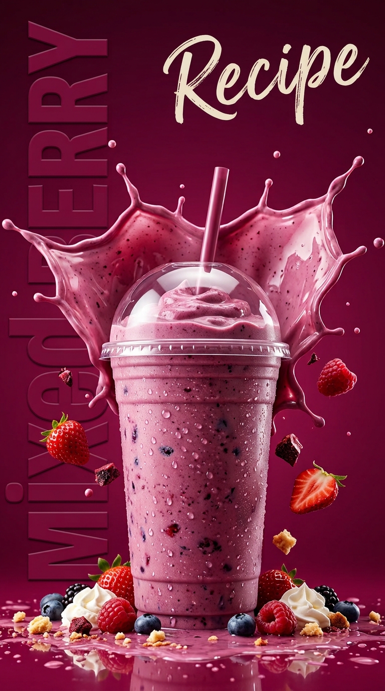 Creamy purple mixed berry milkshake topped with whipped cream and fresh berries